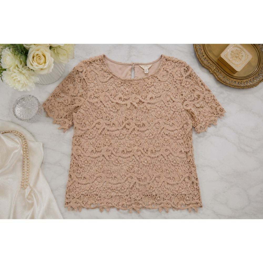 ADIVA Women's Embroidered Lace Short Sleeve Cottagecore Blouse, Beige, Medium